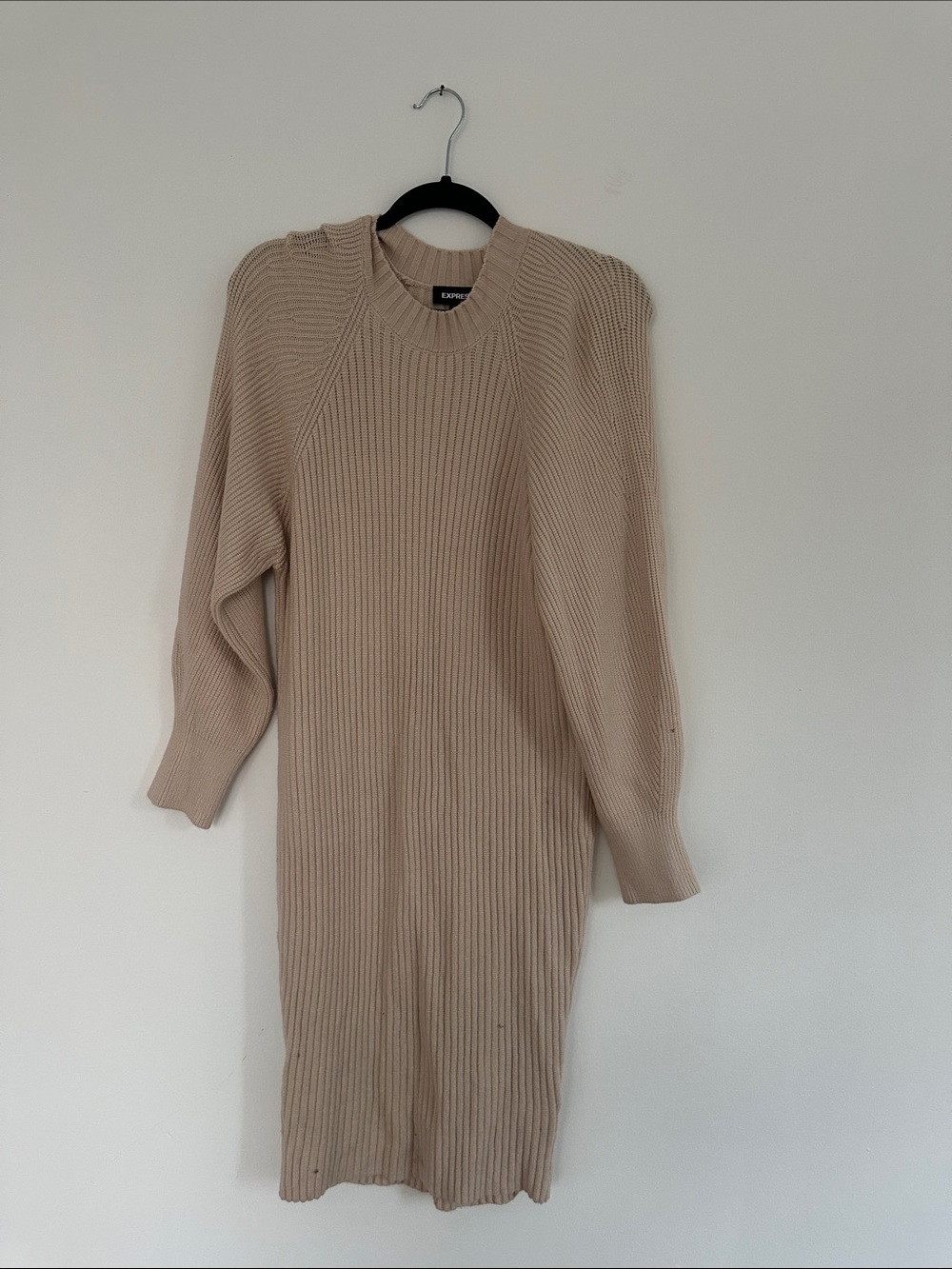 Express Beige Ribbed Crewneck Sweater Dress